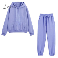 Ingvn - Fleece Tracksuits Women Two Pieces Set Hooded Oversized Sweatshirt Pants Solid Color Hoodie Suits Autumn Winter Casual Outfits