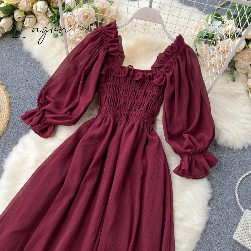 Ingvn - Summer Beach Chiffon Long Dress Elegant Solid Lantern Sleeve High Waist Women Maxi Dress Party Club Ladies Vestidos New