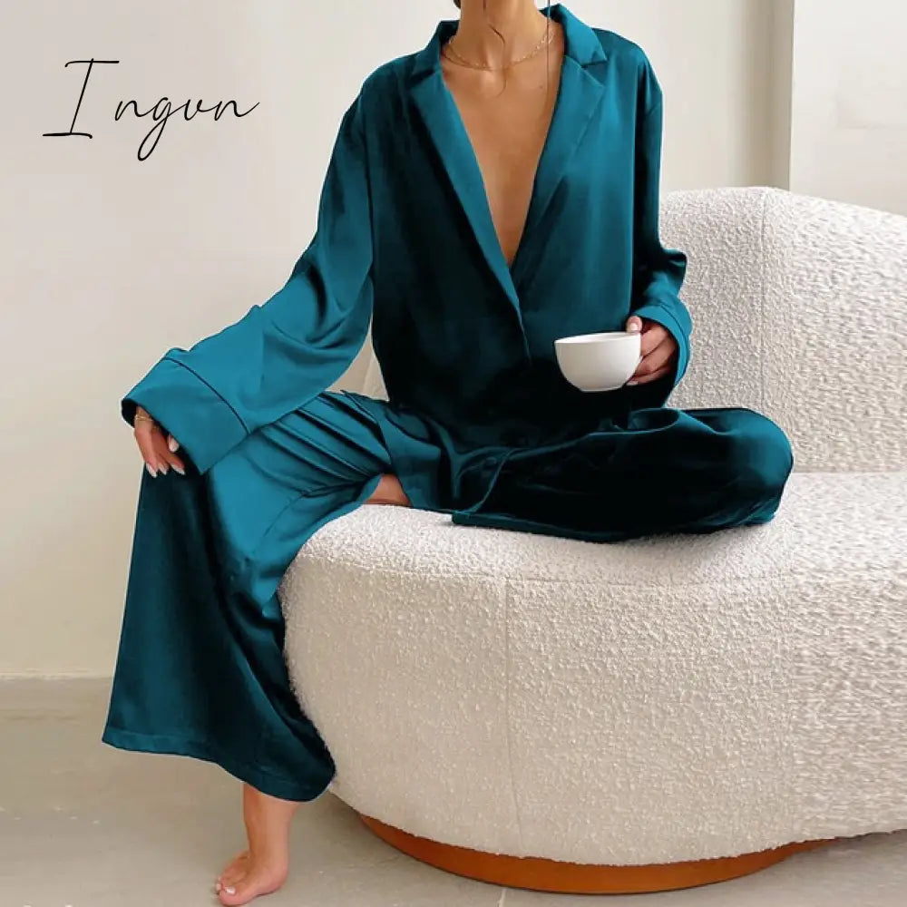 Ingvn - Oversized Satin Silk Sleepwear Low Cut Sexy Pajamas For Women Single-Breasted Long Sleeves Wide Leg Pants Trouser Suits