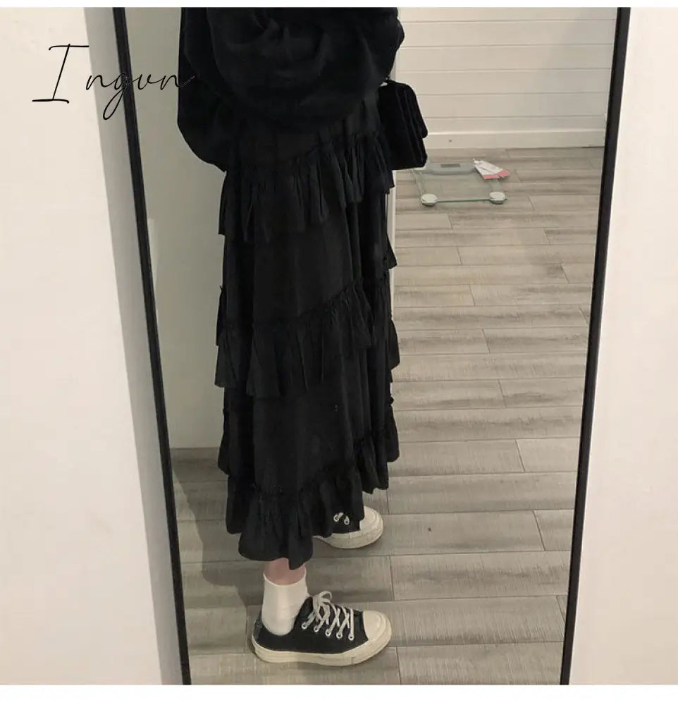 Ingvn - Midi Long Skirts Womens Maxi Skirt Goth Lolita Summer High Waisted Asymmetrical High Low Ruched Ruffle Skirts rok