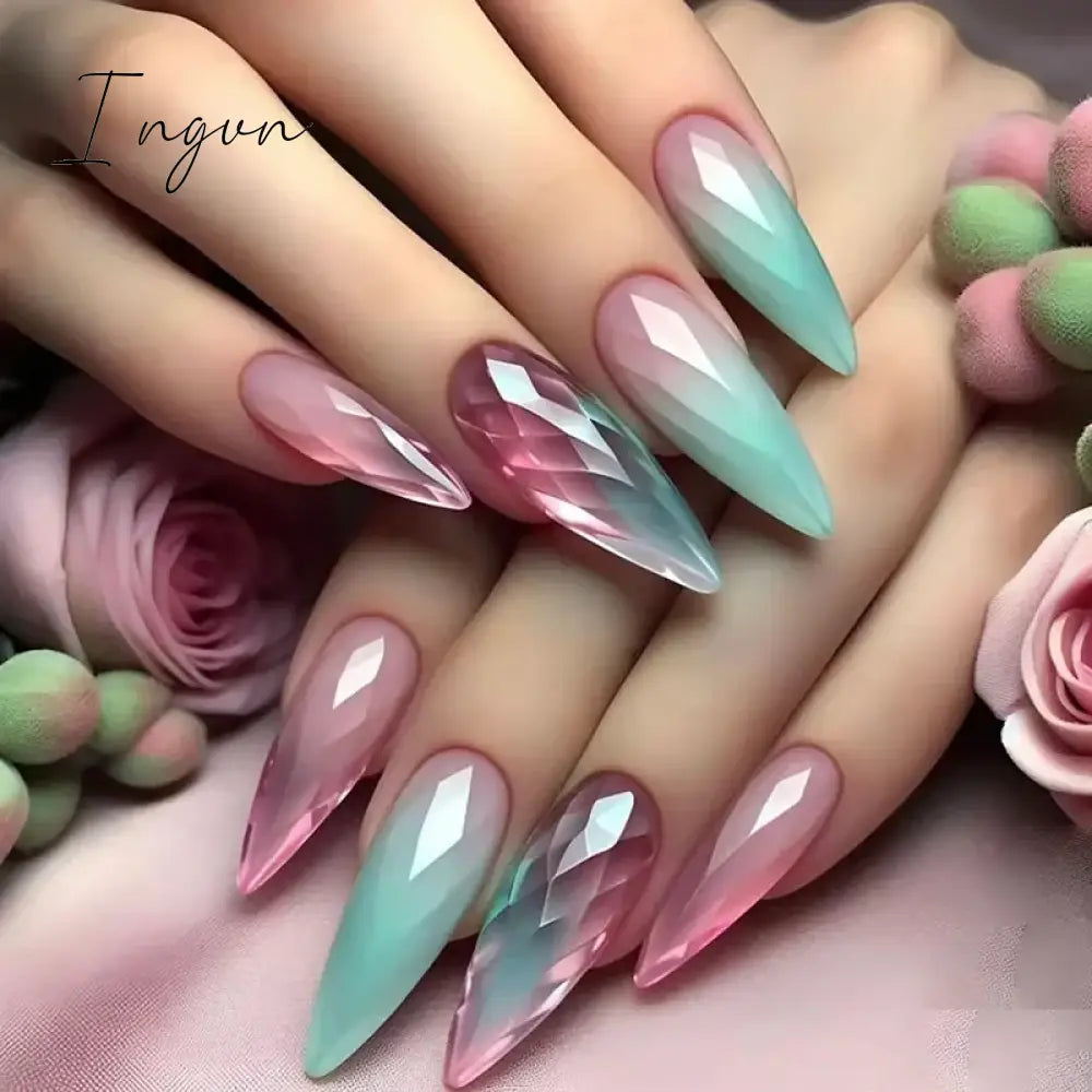 24Pcs False Nails With Glue Almond Pink Butterfly Design Detachable Rhinestones Acrylic Fake Nails long stiletto Press On Nails