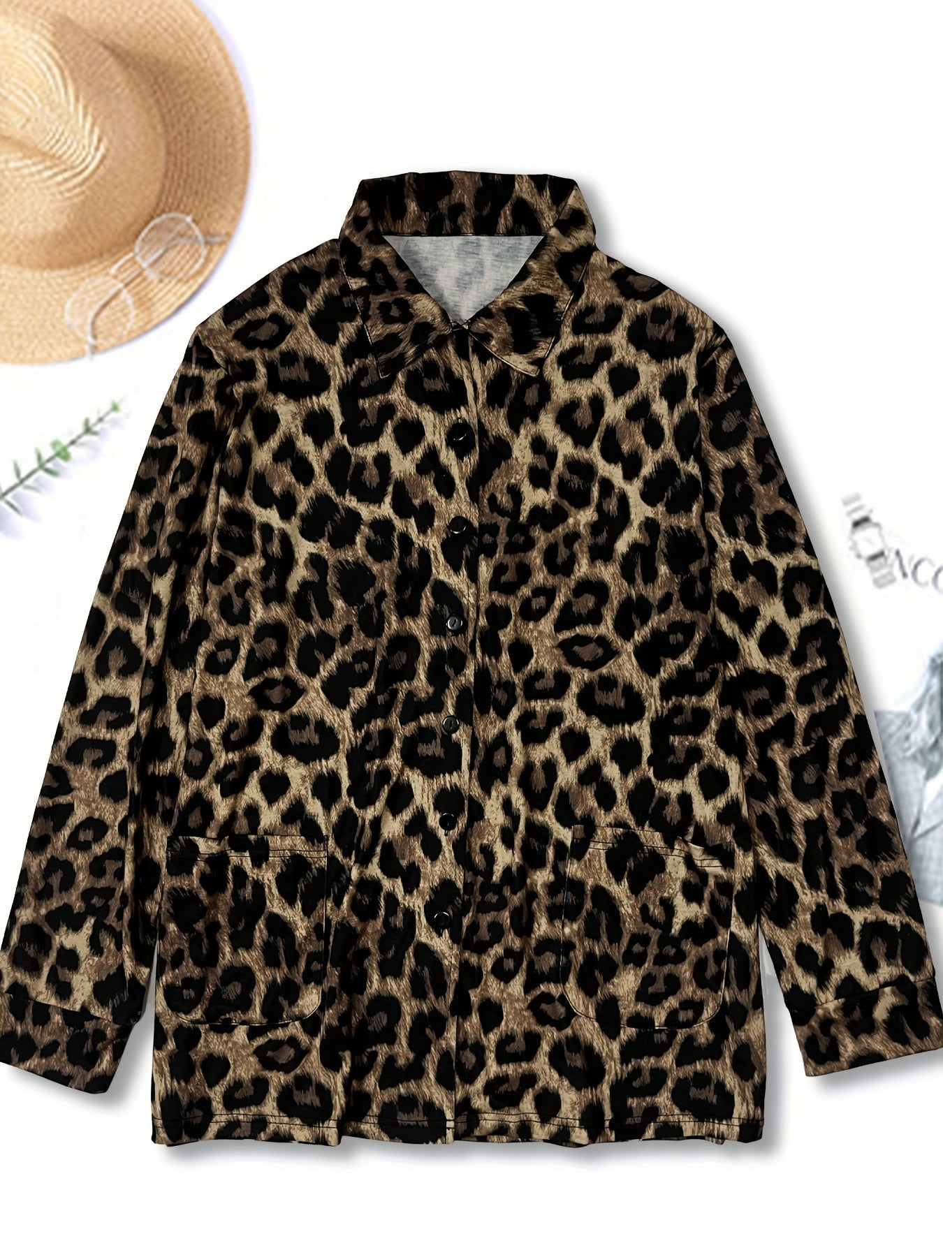 Plus Size Casual Outfits Two Piece Set, Women's Plus Leopard Print Button Up Long Sleeve Turn Down Collar Blouse & Wide Leg Pants Outfits 2 Piece Set
