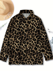 Plus Size Casual Outfits Two Piece Set, Women's Plus Leopard Print Button Up Long Sleeve Turn Down Collar Blouse & Wide Leg Pants Outfits 2 Piece Set