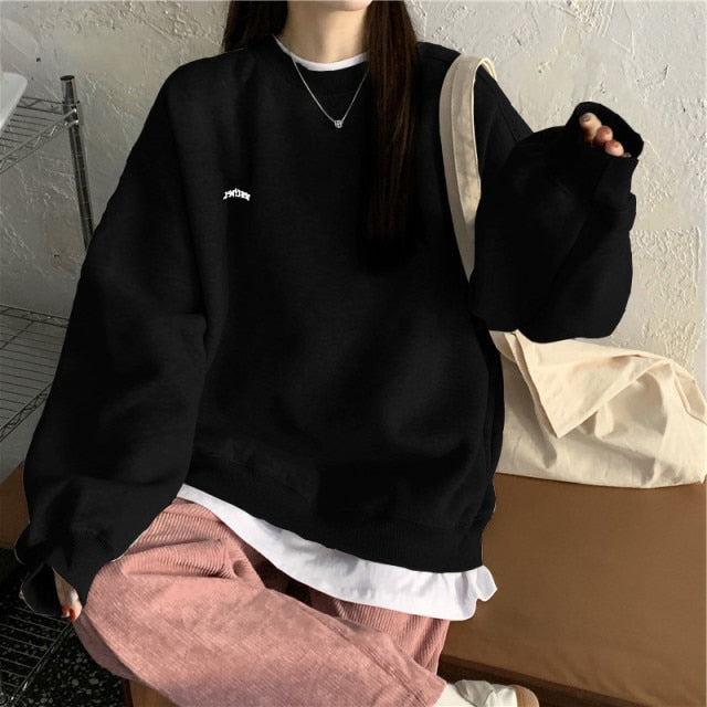 Autumn Winter Girl Korean Version Oversized Hoodies Street Style Letter Embroidery Sweatshirt Fleece Thick Pullover Tops Femmes