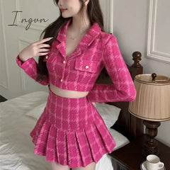 Ingvn - High Quality Fall Small Fragrance Vintage Tweed Two Piece Set Women Crop Top Woolen Short Jacket Coat + Mini Skirts Sets Sweet 2 Piece Suits