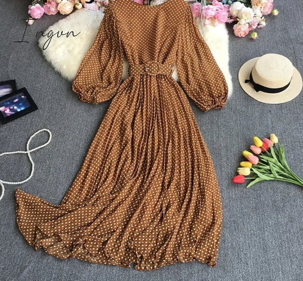 Ingvn - New Spring Autumn French O-neck long sleeve Dress polka dot printing high waist lace up mid-length A-line pleated Dress