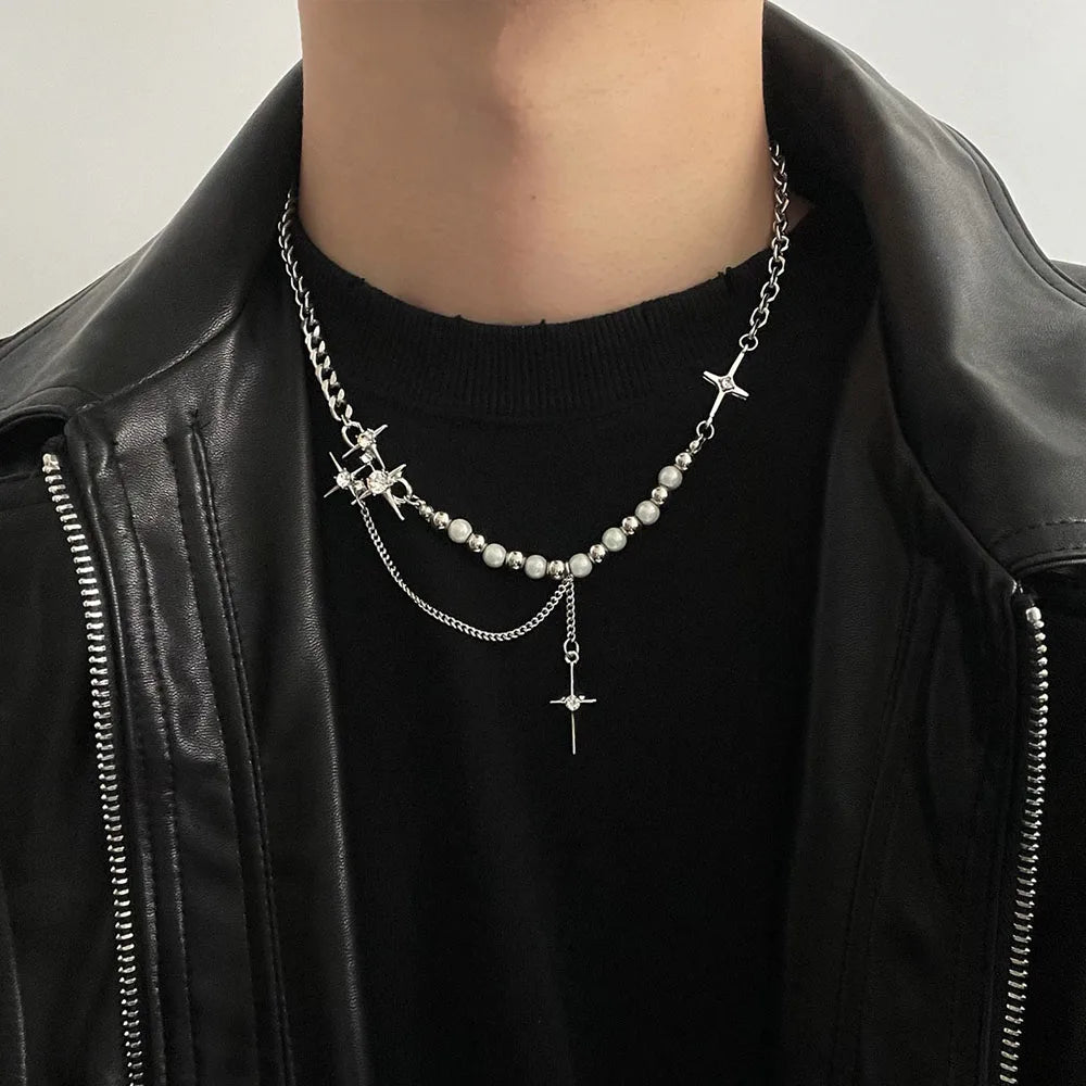 INGVN  Hip Hop Zircon Star Double Layer Necklace For Men Women Trend Charm Titanium Steel Pendant Chain Unisex Jewelry