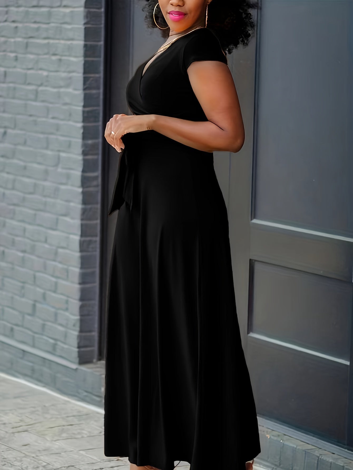 V Neck Tie Waist Dress, Casual Solid Color Cap Sleeve Dress For Summer, Women's Clothing