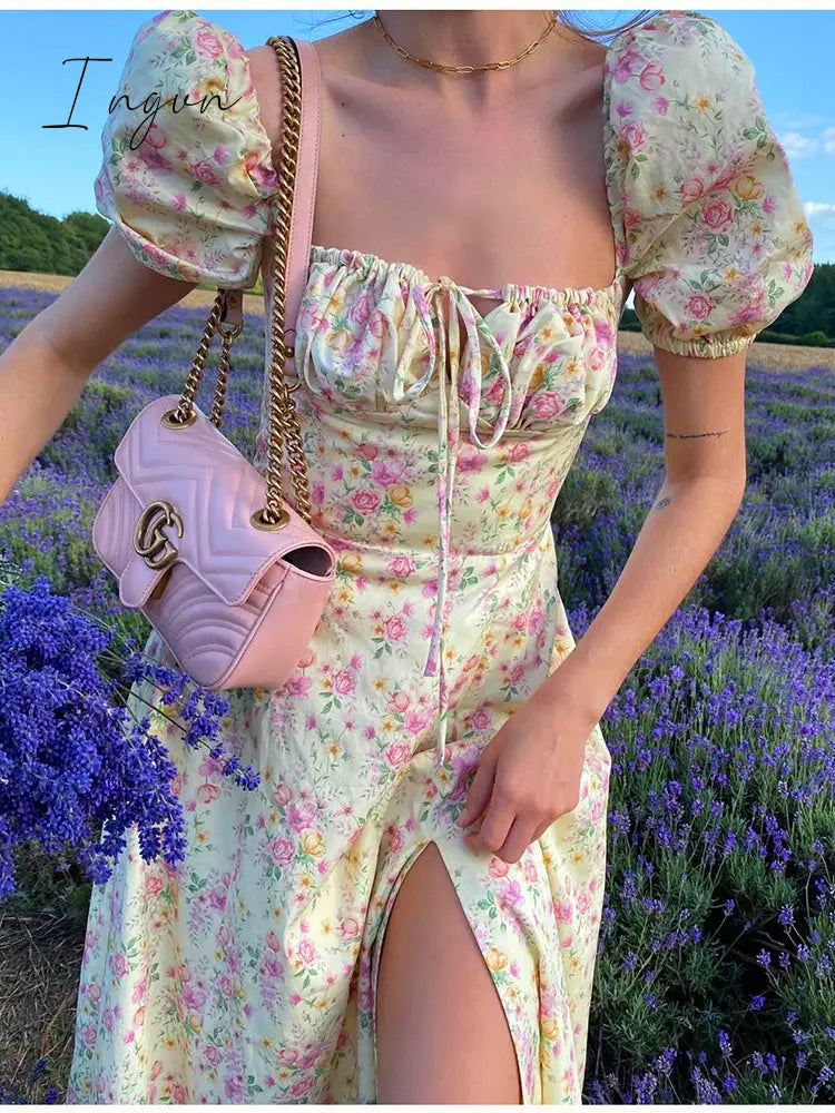 Ingvn - Print Summer Dress Women Floral Short Puff Sleeves Square Collar Holiday MIDI Dress Female Drawstring High Slit Dress