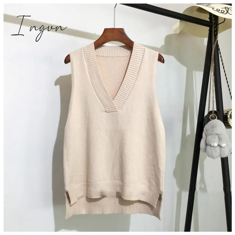 Ingvn - Women V Neck Sweater Vest Korean Preppy Style Solid Knitted Sleeveless Sweater Female Autumn Winter Casual Loose Pullover Jumper