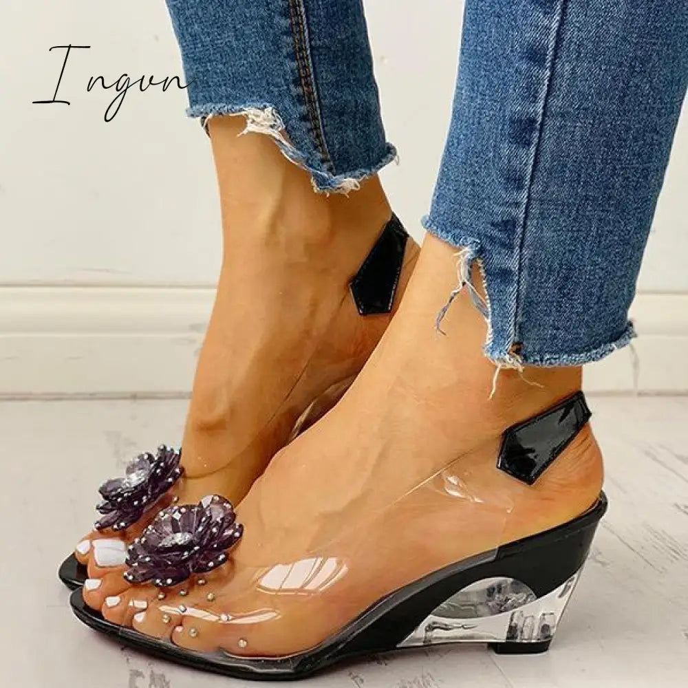 Ingvn - Studded Flower Design Transparent Wedge Sandals