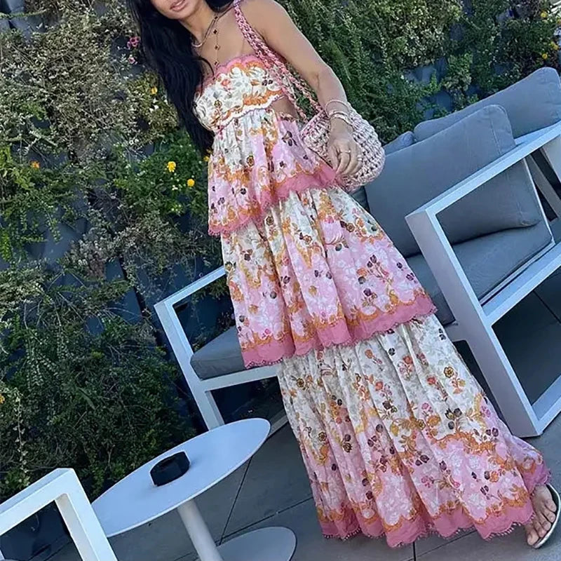 Women Elegant Flower Print Cake Layered Dress Sexy One Shoulder Sleeveless Bohemian Dress Fashion Waist Pleated Long Dress