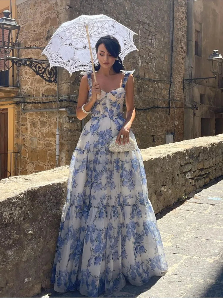 Elegant Blue Print Lace-up Maxi Dress Women Fashion Square Collar Sleeveless High Waist Dresses Ladies Evening Party Robes