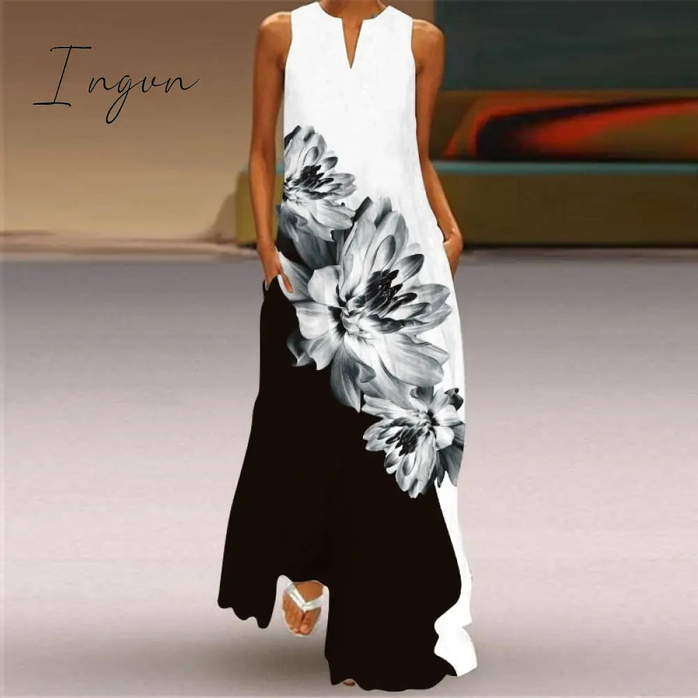 Ingvn - Fashion White Summer Dress Casual Breathable Butterfly Print Long Dresses Woman Sleeveless Beach Maxi Dress Women
