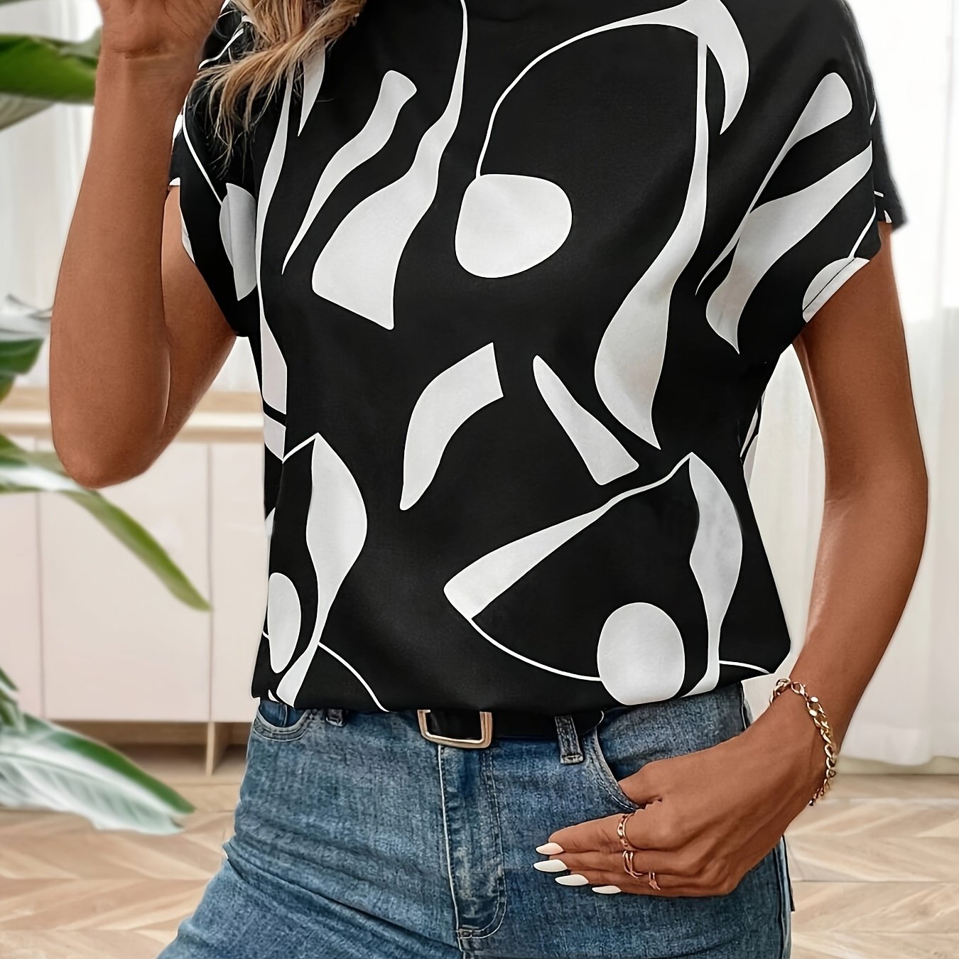 Abstract Print Mock Neck Blouse, Casual Short Sleeve Blouse For Spring & Summer, Women's Clothing