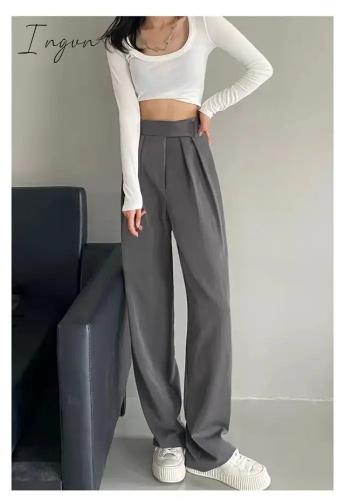 Ingvn - Brown Wide Leg Women's Classic Suit Pants Vintage Palazzo Office Elegant Casual Balck Trousers Female High Wasit Pants