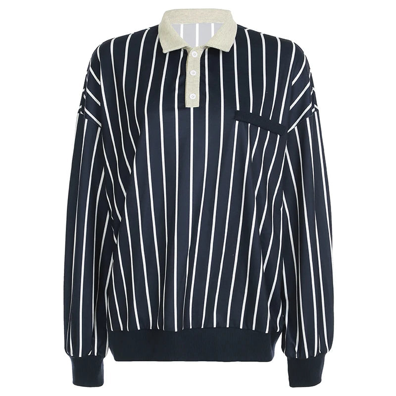 Preppy Style Loose Sweatshirt Y2k Streetwear Patchwork Full Sleeve Turn-down Neck Hoodies Women Casual Vintage Pullovers