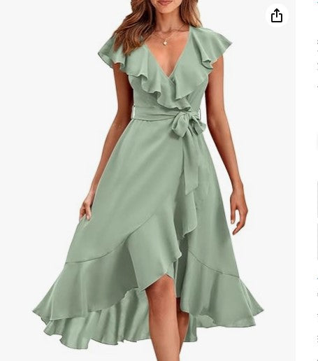 new V-neck short sleeve ruffled long temperament lace-up dress