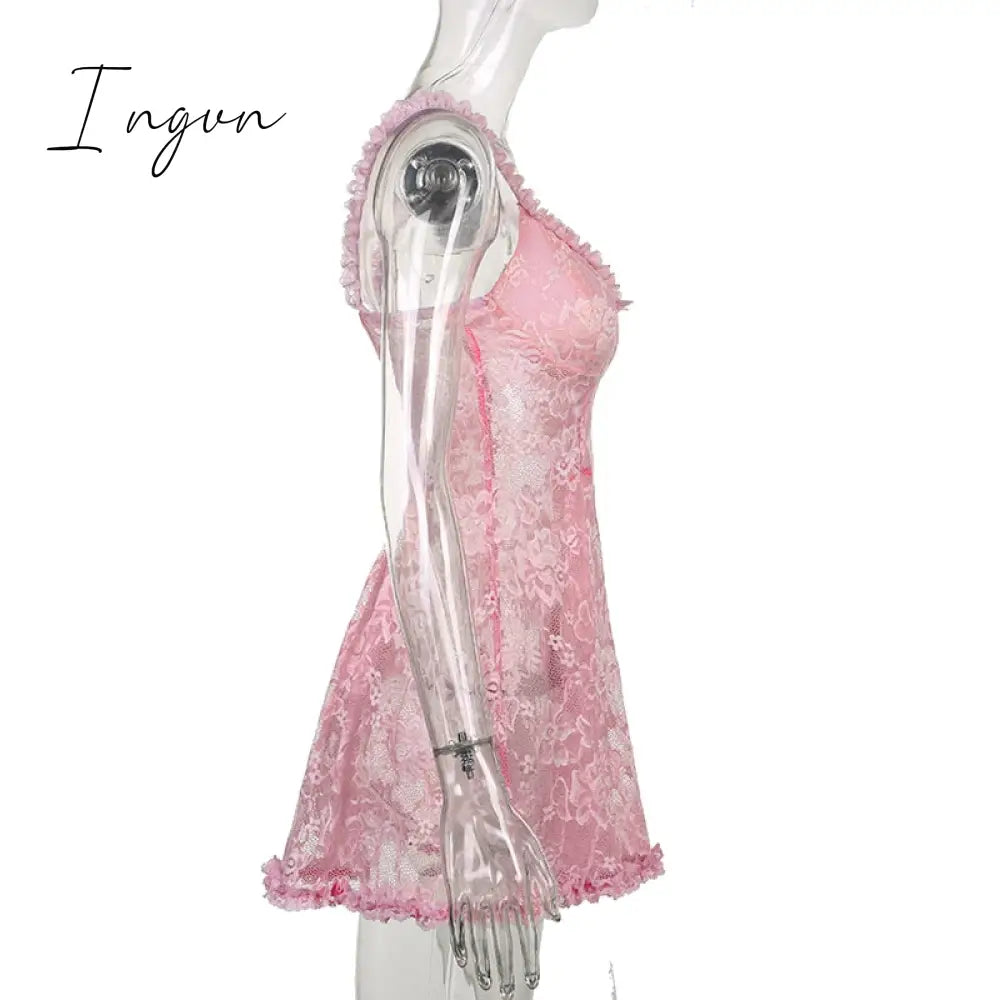 Ingvn - Sweet Cute Lace Cami Dress See Through Sexy Slim Sleeveless Ruffles Bow A-Line Mini Dresses For Women Summer Spring Lady