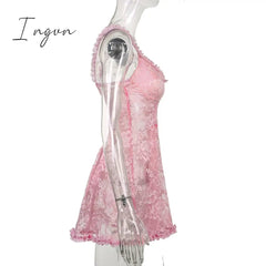 Ingvn - Sweet Cute Lace Cami Dress See Through Sexy Slim Sleeveless Ruffles Bow A-Line Mini Dresses For Women Summer Spring Lady