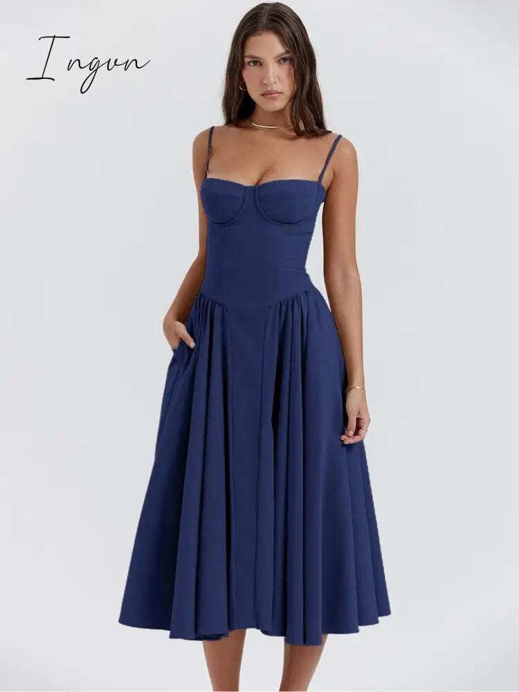 Ingvn - Elegant Women Dress Spaghetti Strap A-line Loose Midi Dresses Female Sleeveless Backless French Retro Long Dress