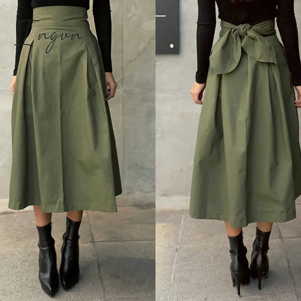 Ingvn - Spring Outfits Trends Skirts Womens Korean Fashion Solid Color Big Swing Ladies Skirt Long Skirt Autumn Wild High Waist Bow Slim Skirts