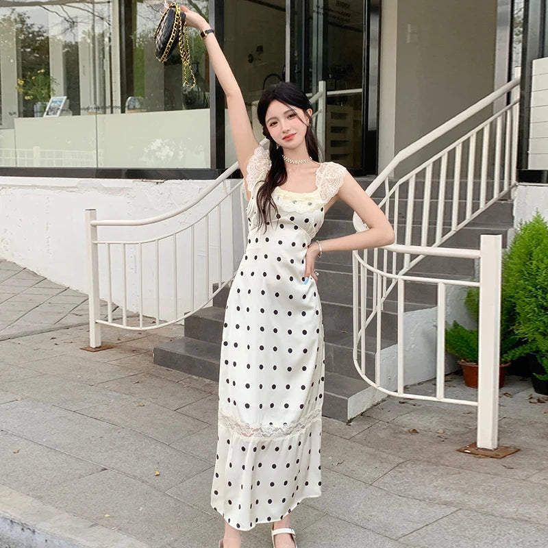 Elegant Party Sleeveless Midi Dresses for Women Summer Korean Casual Fashion Sexy Backless Lace Patchwork Female Clothing