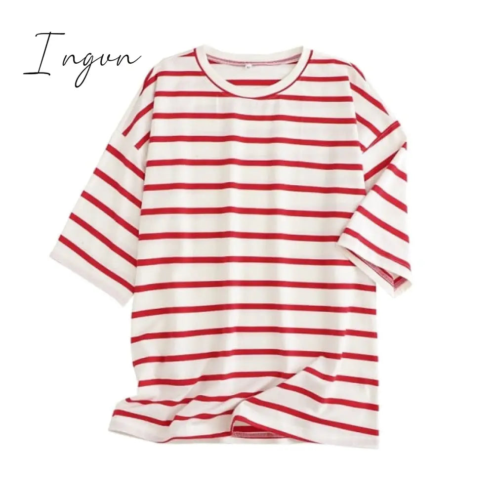 Ingvn - Women Striped Cotton T Shirt Short Sleeve O Neck Tees Ladies Casual Tee Shirt Street Wear Top 6L42
