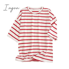 Ingvn - Women Striped Cotton T Shirt Short Sleeve O Neck Tees Ladies Casual Tee Shirt Street Wear Top 6L42