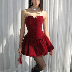 Talenza Strapless Backless Evening Gown Women Sexy Sparkling Bow Sleeveless Short Dress Elegant Slim A-line Pleated Luxury Dress