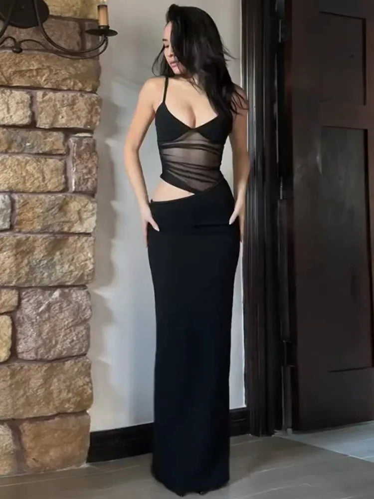 Sheer Mesh Backless Sexy Maxi Dress For Women Black Hollow Out Spaghetti Strap Sleeveless Bodycon Club Long Dress