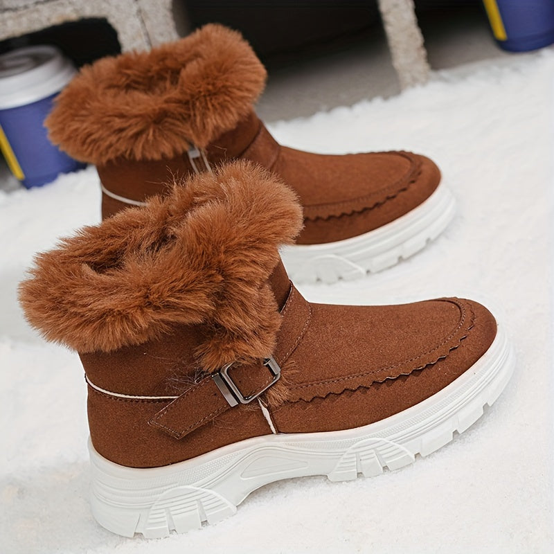 Cozy Winter Women's Snow Boots - Thick, Warm Plush Lining with Anti-Slip Sole, Round Toe Zipper Design, Fashionable Flat Heel