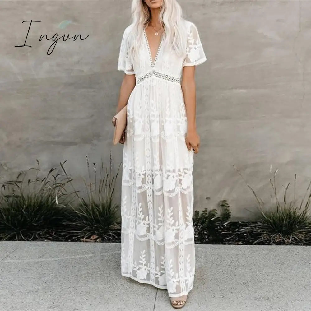 Ingvn - Women Fashion Trends Off Shoulder Lace Patchwork Elegant Dress Women Summer V Neck Spaghetti Strap Dress Female New Fashion Solid Party Dresses