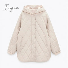 Ingvn - New Winter Oversize Fashion Vintage Plaid Hooded Parka Women Casual Pockets Cotton Jackets Coat Loose Long Outwear Female