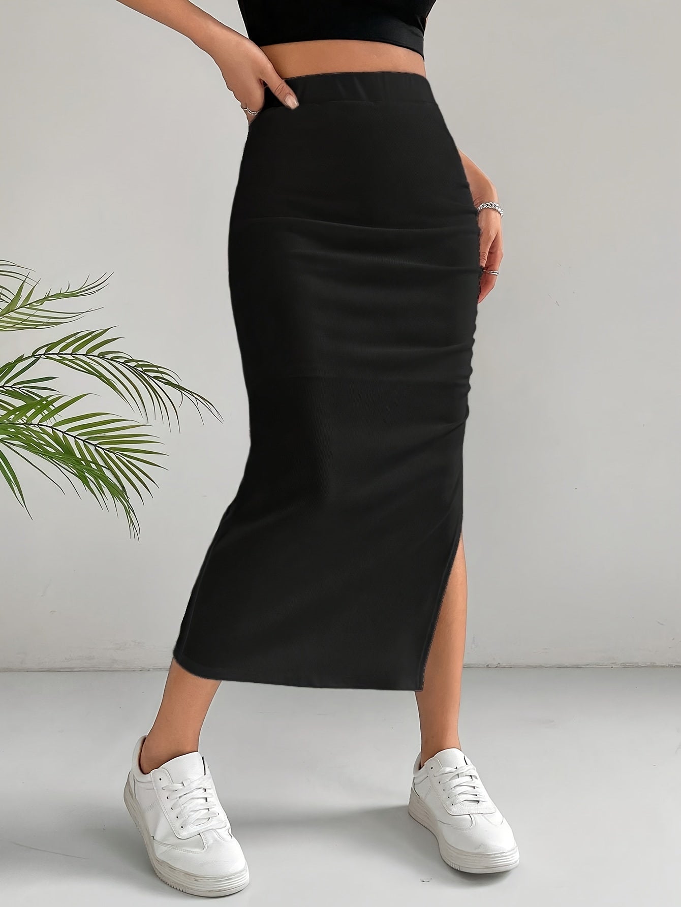 Elegant High-Waist Bodycon Midi Skirt with Chic Split - Durable & Stretch, Perfect for Multi-Season Style