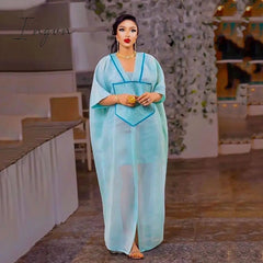 Ingvn - African Modern design blue mesh embroidered deep V-neck plus size skirt with inner skirt African-American women's dress