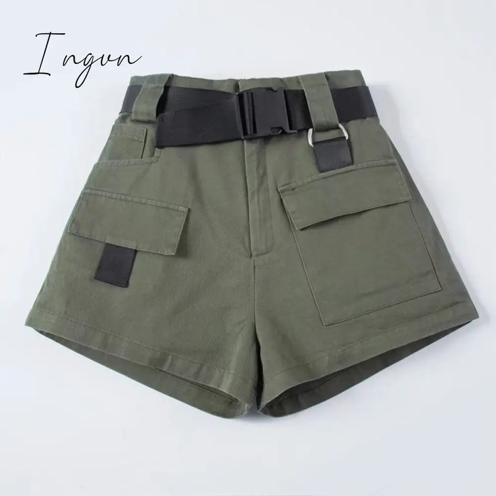 Ingvn - High Waist Cargo Shorts With Pocket Buckle Belt