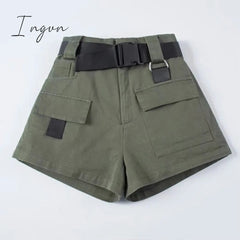Ingvn - High Waist Cargo Shorts With Pocket Buckle Belt