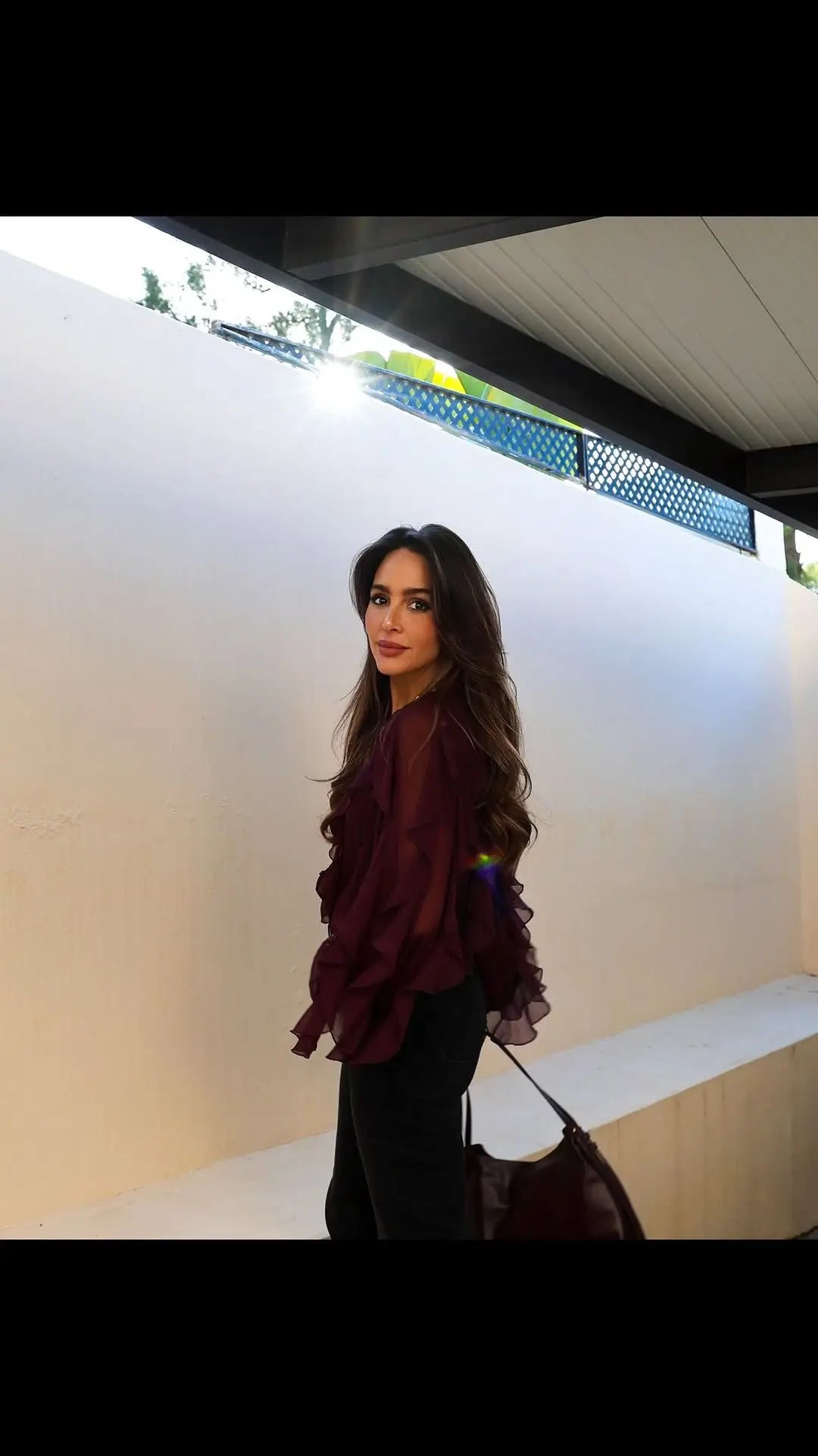 New Women Sexy Semi-sheer Ruffle Shirt Long Sleeve V Neck Front Button Spring Blouse Burgundy Blusas Mujer