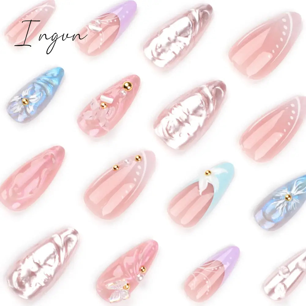 24pcs 3D Flower Fake Nail Patch French Almond Summer Sea Shell Decor False Nail Full Cover Wearable Press on Nails Tips for Girl