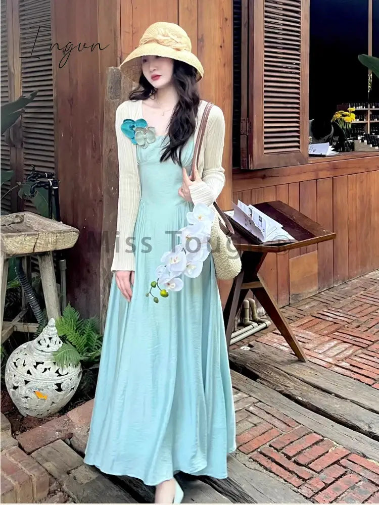 Ingvn - Summer Floral Sexy Strap One Piece Dress Women Solid Elegant Midi Beach Party Dress Female Korean Fashion Casual Slim Dress 2024