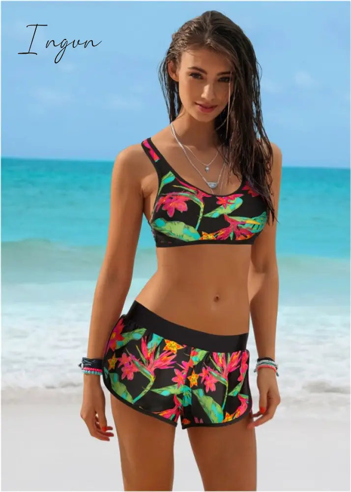 Ingvn - womens fashion New Sporty Bikini Racerback Top Short Pants Printed Women Bikini set Femme Bathing suit Swimming suits Beachwear Biquini