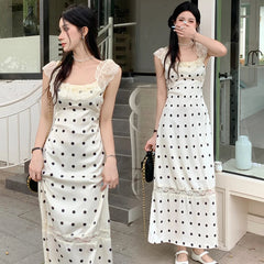 Elegant Party Sleeveless Midi Dresses for Women Summer Korean Casual Fashion Sexy Backless Lace Patchwork Female Clothing