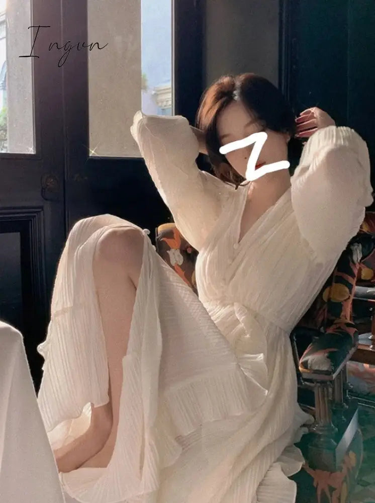 Ingvn - Pure Color French Elegant Dress Woman Long Sleeve Fairy Midi Dress Casual 2023 Summer Slim Party One Piece Dress Korean Design
