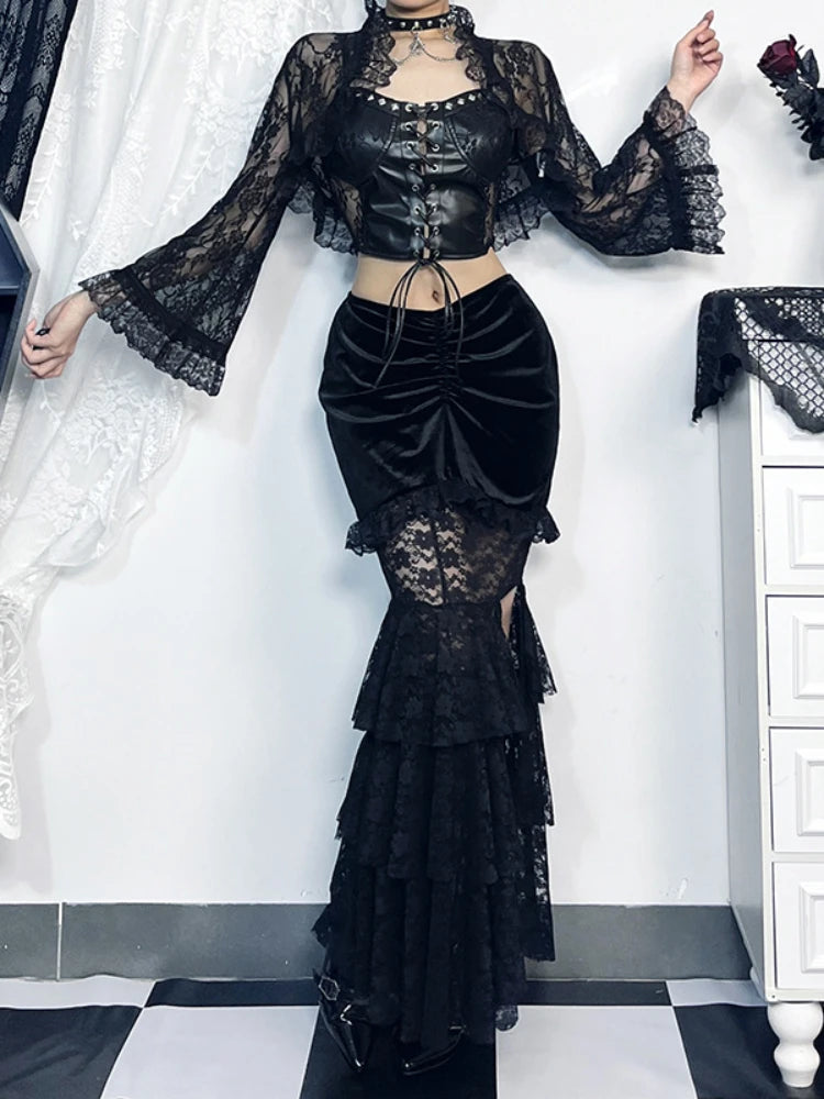 Gothic Folding Fishtail Multi-layer Splicing Split Skirt Woman Velvet High Waist Lace Patchwork Punk Mermaid Skirts