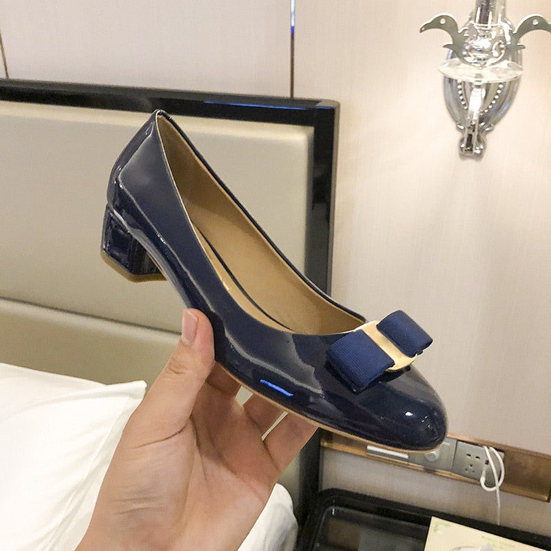 Patent Leather Bow In A Thick Single-heel Women's Shallow Flat-soled High-heeled Red Wedding Shoes Spring Shoes