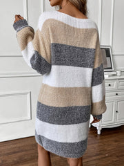 For Fall & Winter, Mini Knitted Color Block Sweater Dress, Elegant Lantern Sleeve Crew Neck, Women's Clothing