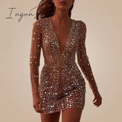 Ingvn - Dress Woman Mini Dress Evening Party Long Sleeve Deep V Neck Dress Skinny Sexy Dress Clubwear Max Size Dresses