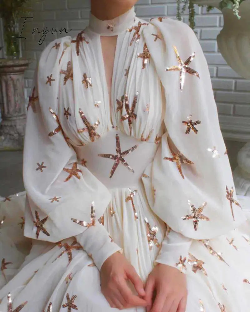 Ingvn - Elegant Women Party Chiffon Dress Sequined Detail Design Slim Waist Dress Classy Formal High Slit Long Maxi Dress