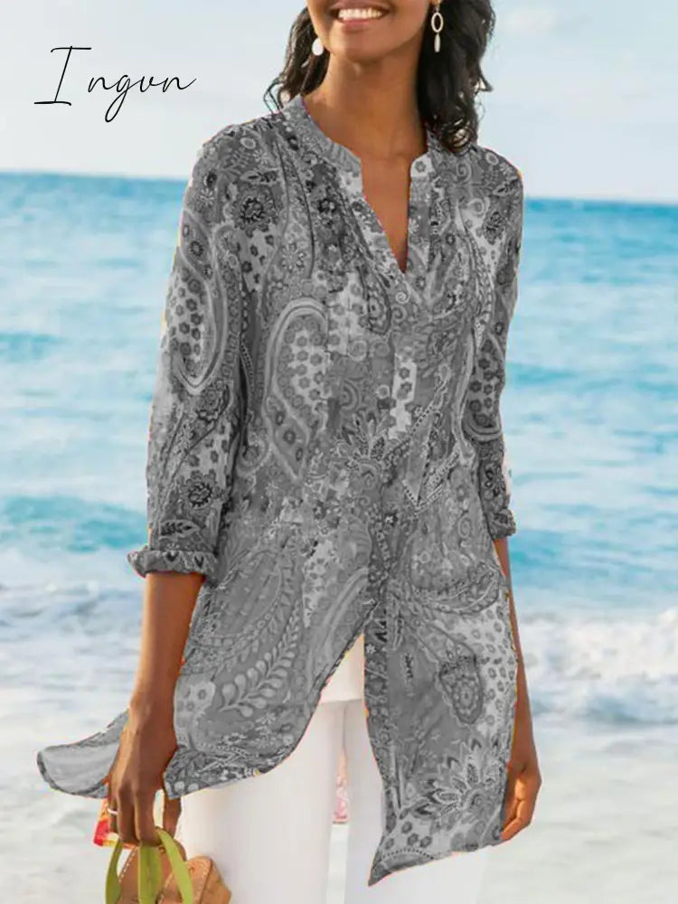 Ingvn - Women's Printed Casual Loose Plus Size Chiffon Shirts